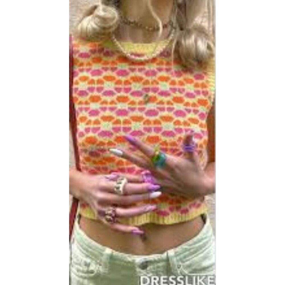 Zara Size Small Sleeveless Summer Festival Floral Colorful Fun Knit Top
